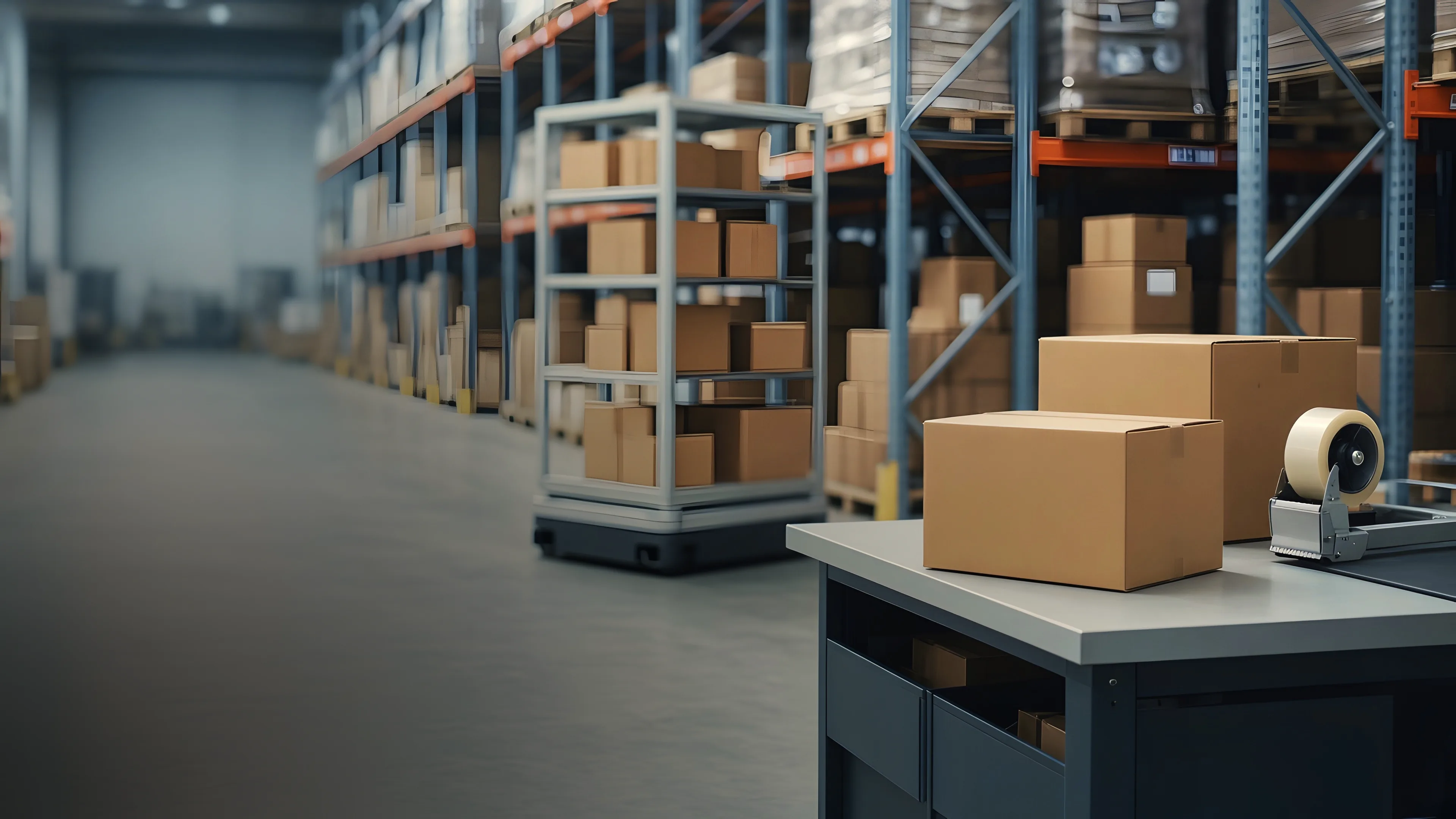 Warehouse packing station with a box and tape dispenser, robots in the aisle behind, and a card showing an Acumatica pick ticket released, sent to the robots and delivered to staging