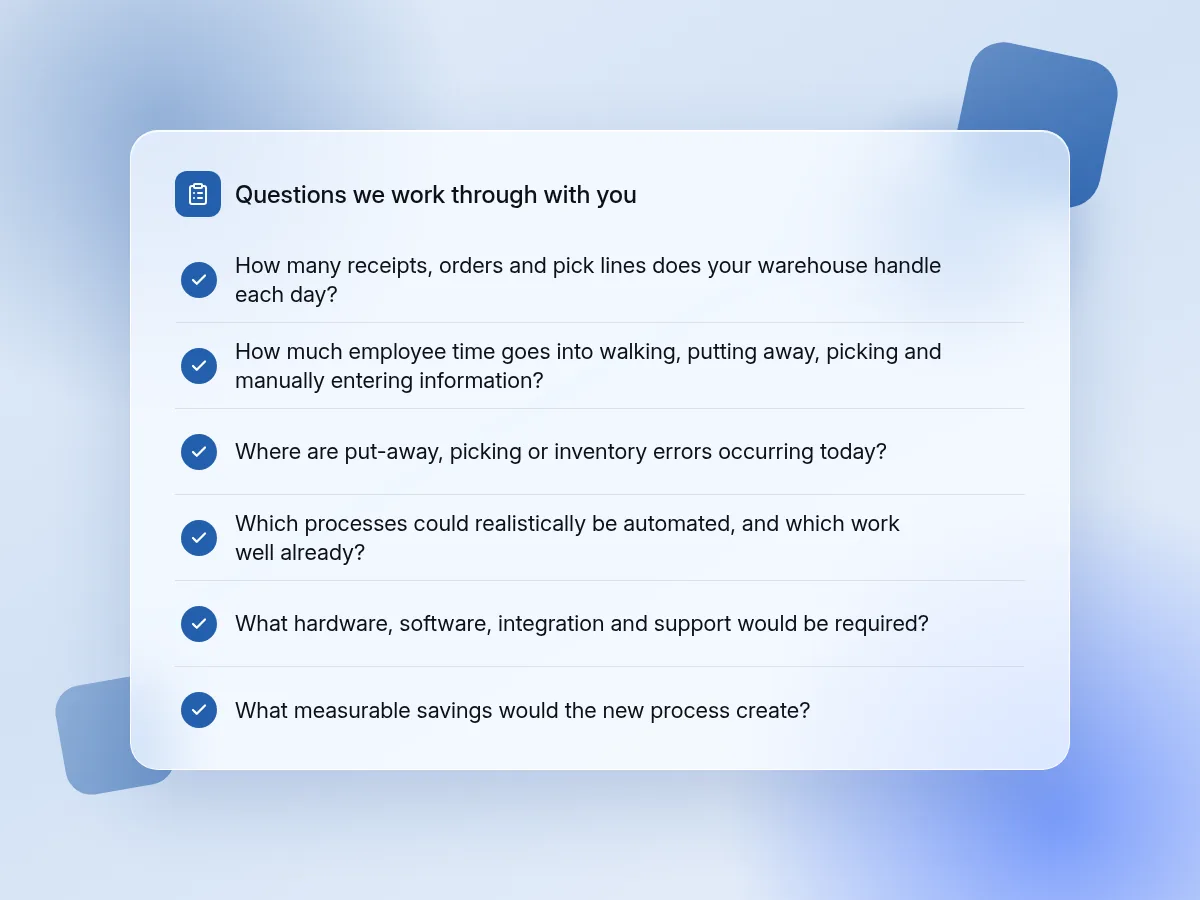 Planning checklist card for a warehouse automation project