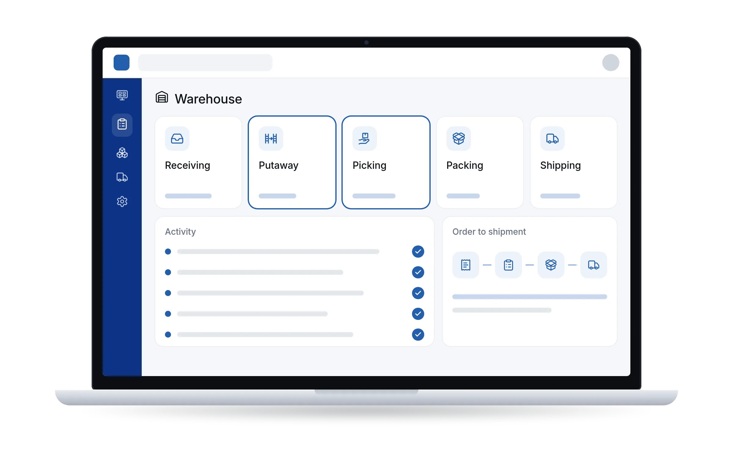Laptop showing an Acumatica-style dashboard with receiving, putaway, picking, packing and shipping tiles