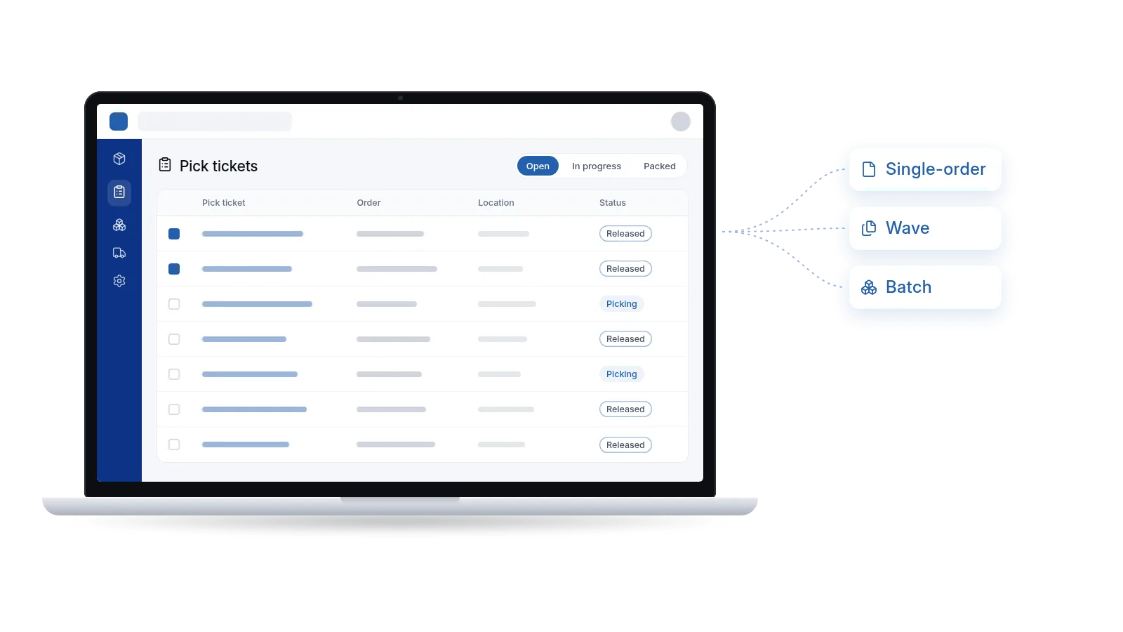 Acumatica-style screen listing pick tickets ready for the robots