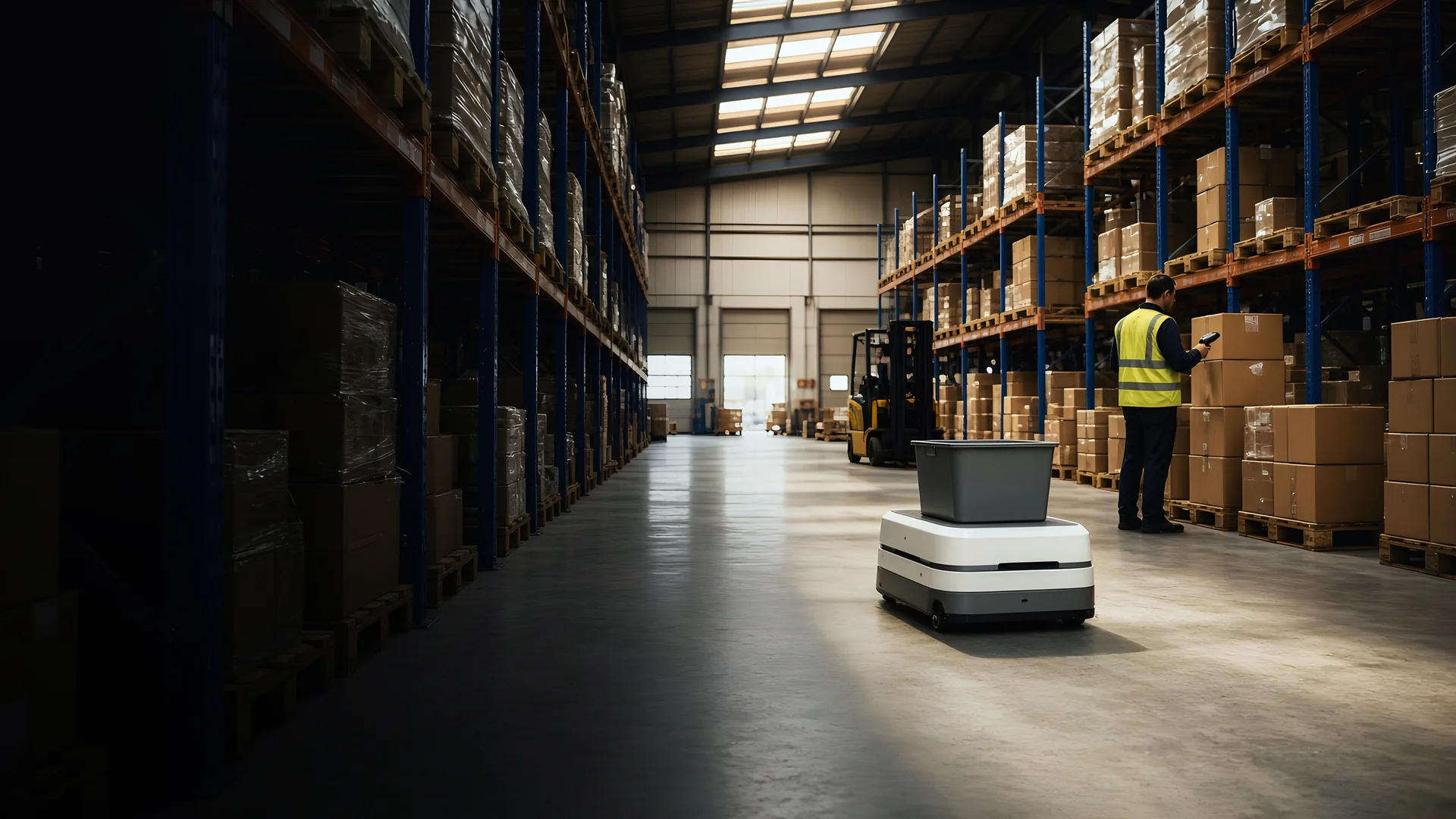 Robot carrying a tote, a worker scanning and a forklift in a warehouse aisle