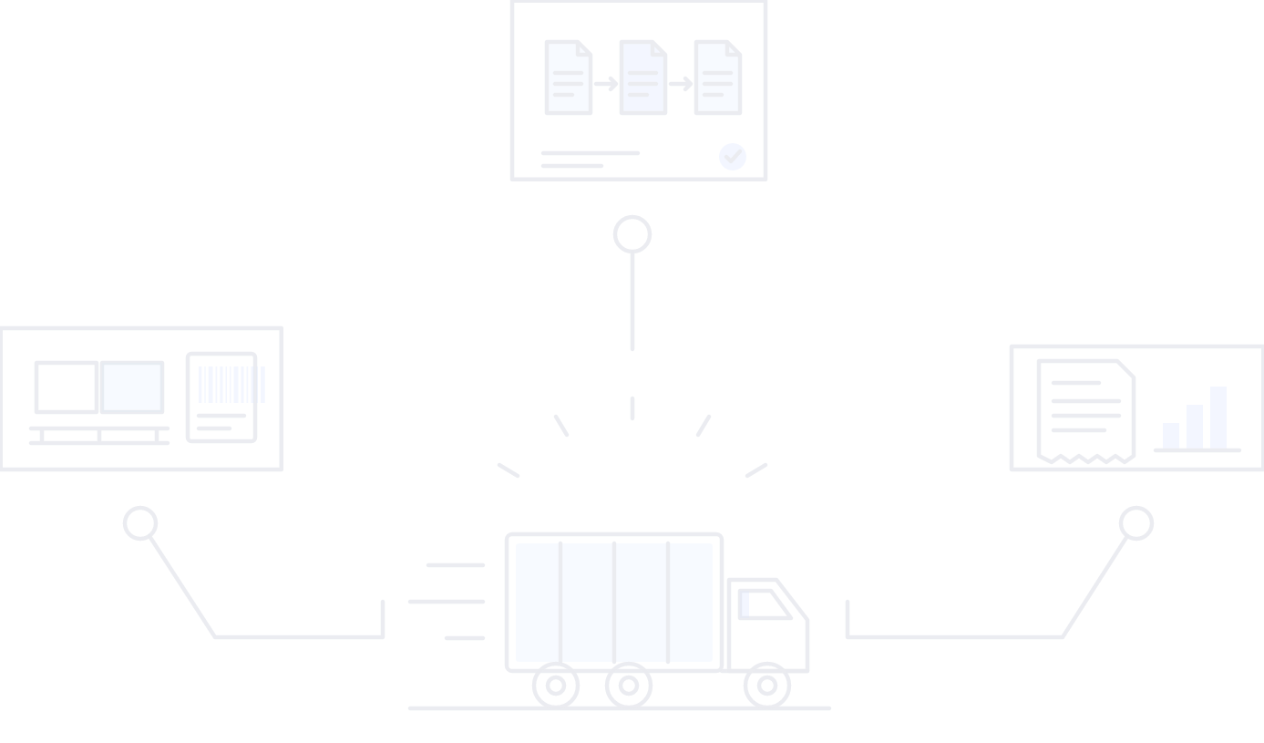 Line illustration of a delivery truck connected to order, invoice and reporting screens
