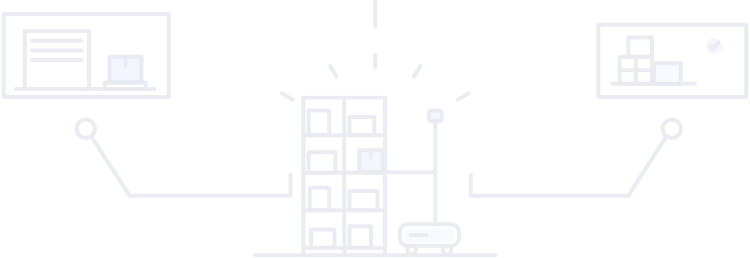 Line illustration of warehouse racking and a robot connected to receiving and shipping screens (mobile view)