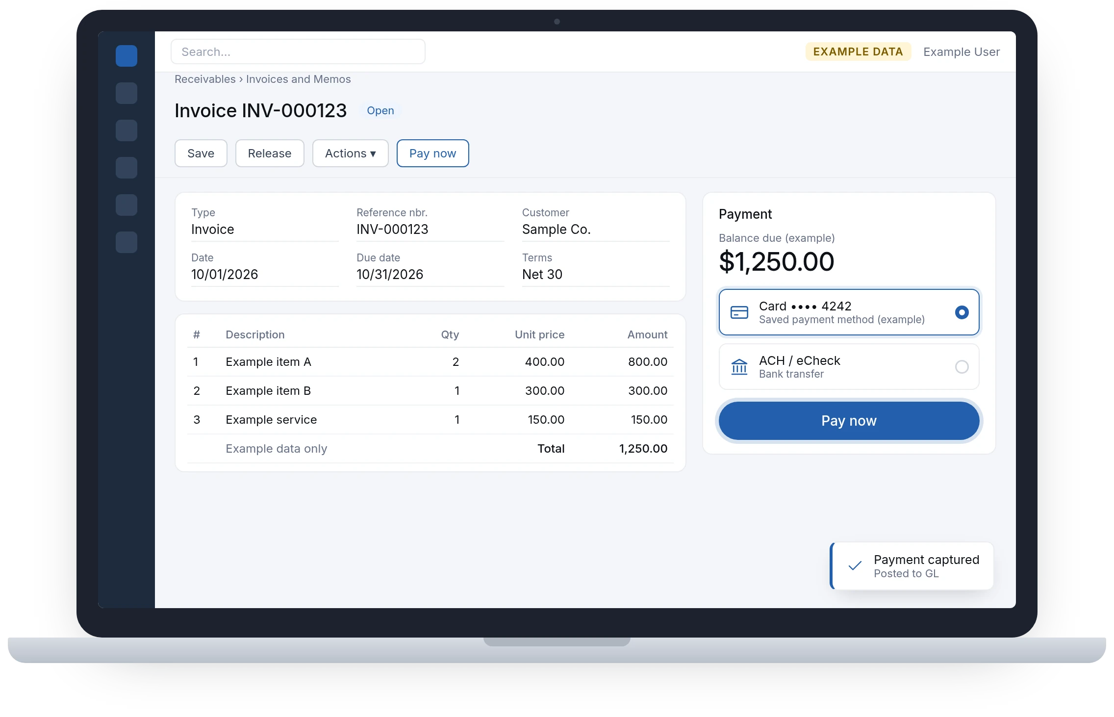 Example Acumatica-style invoice on a laptop with a Pay now button and a Payment captured, Posted to GL confirmation