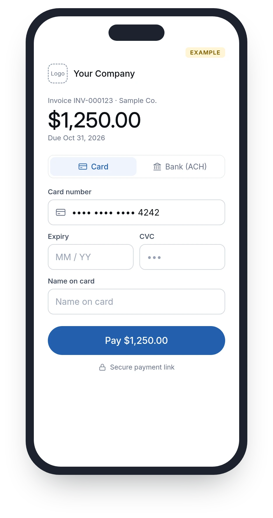 Example customer payment page on a phone with a Pay button