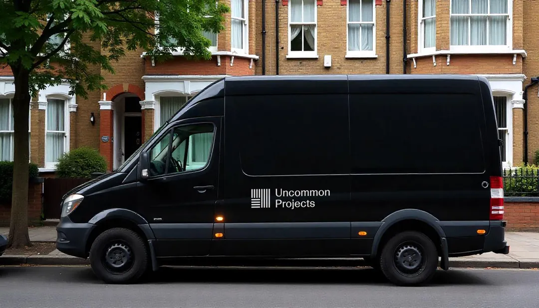 A black delivery van parked outside of a street with the Uncommon Project's logo on the side in white.