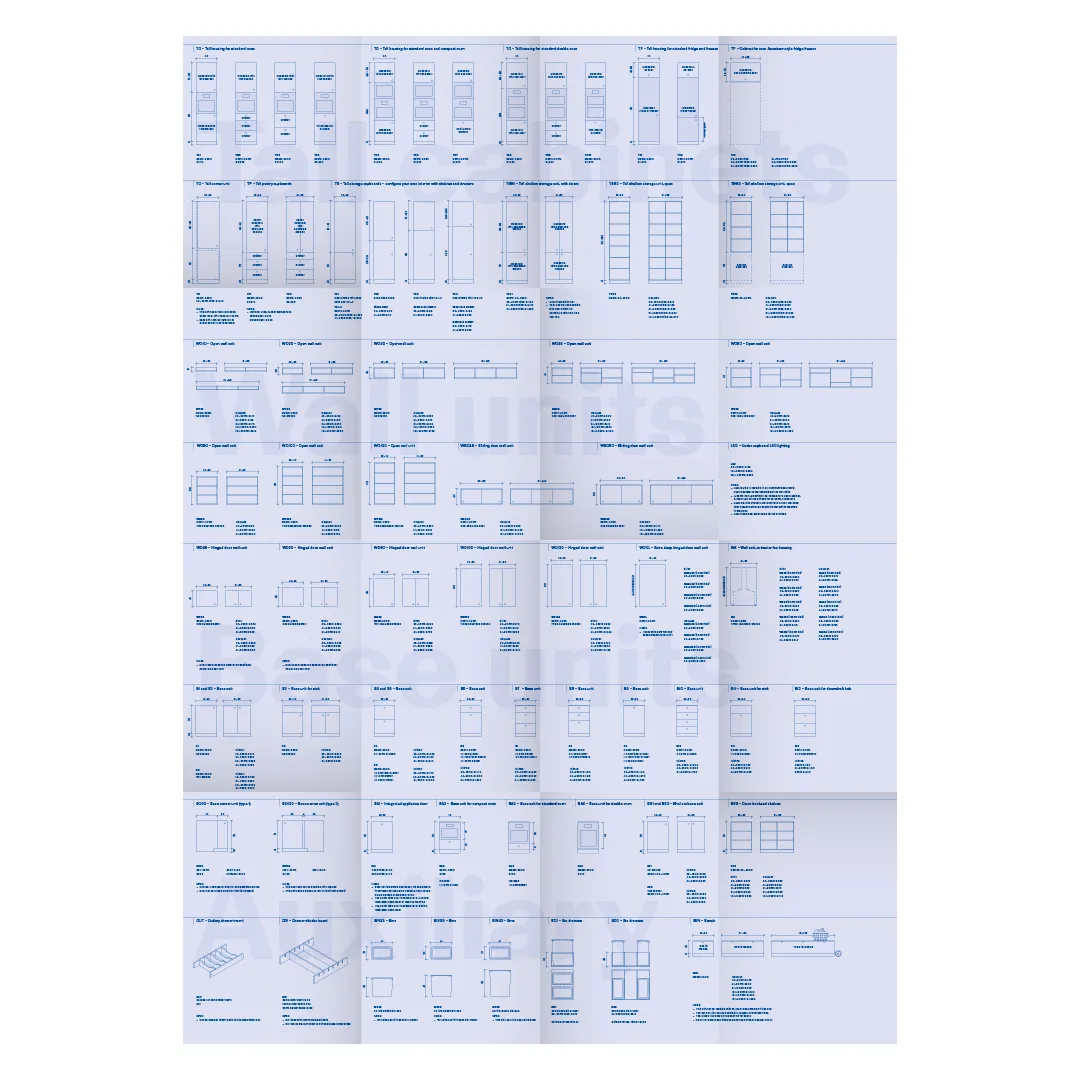 Technical specification chart displaying multiple diagrams and dimensions of different door and wall structures arranged in a grid format on a light blue background.