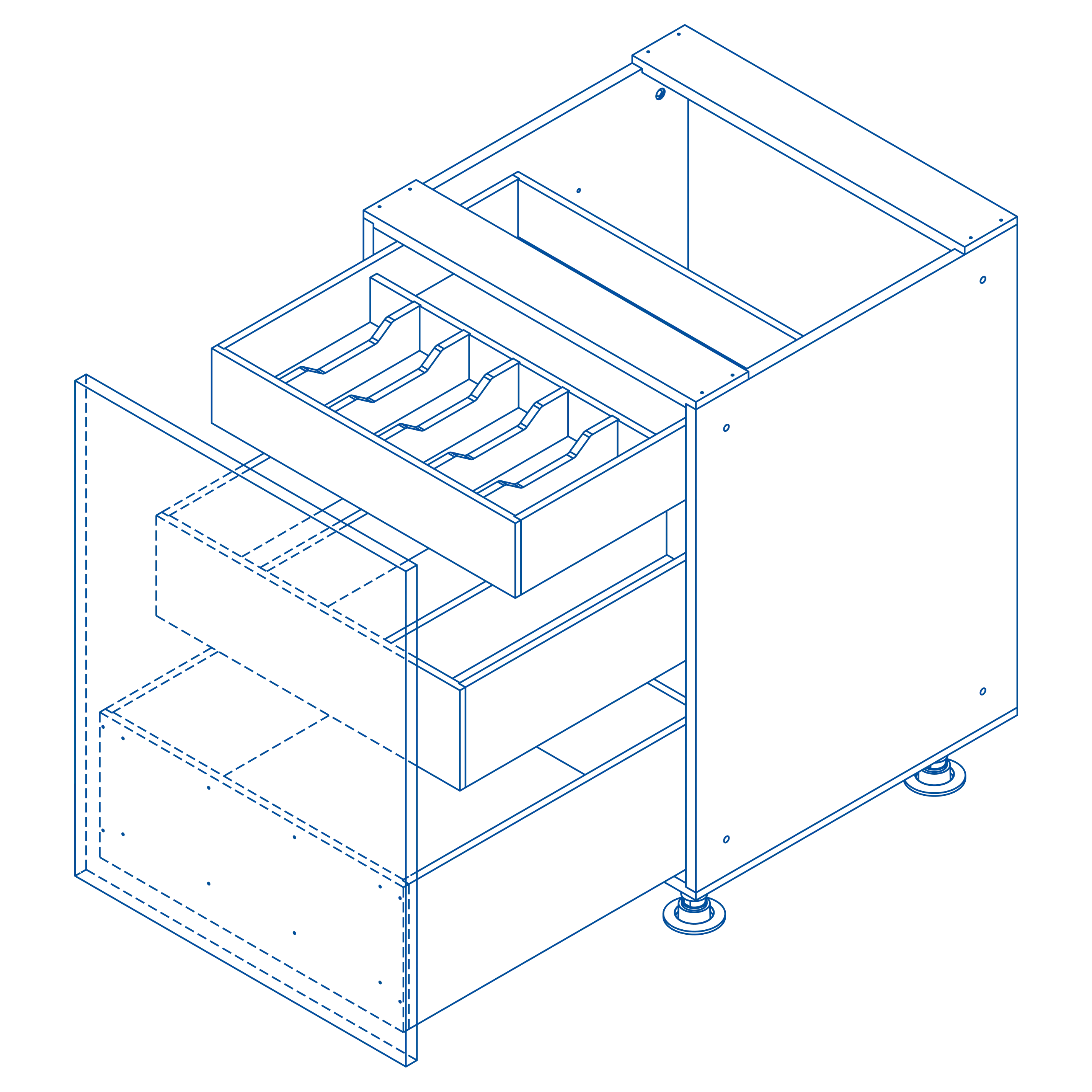 Blueprint-style line drawing of a cabinet with multiple open drawers and compartments.