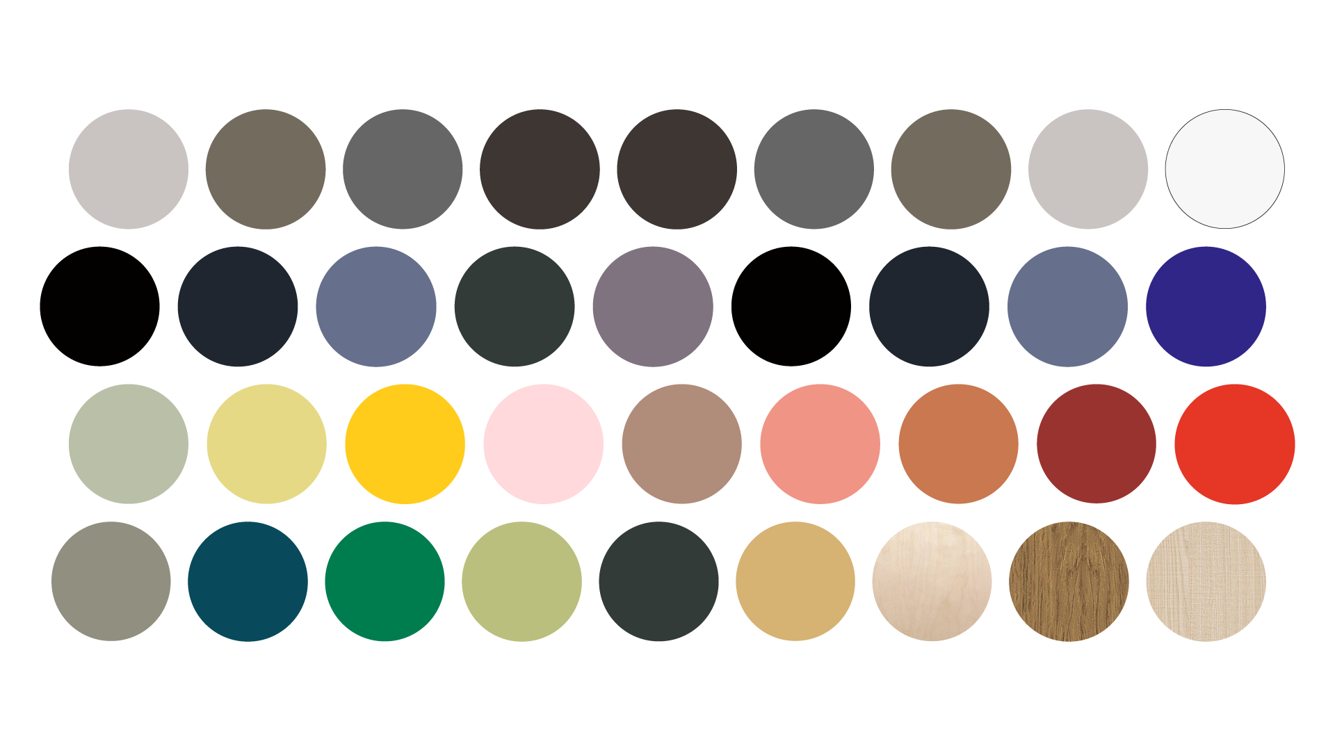A grid of 26 wood veneer and colour samples in various shades of grey, blue, green, red, and wood tones.