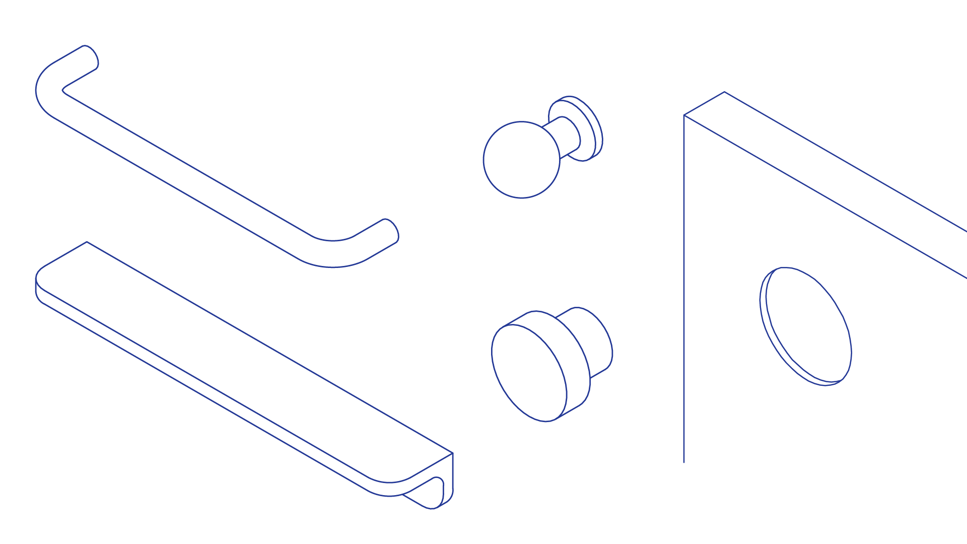 Outline drawing of various door handle styles next to a door side view with a round cutout.
