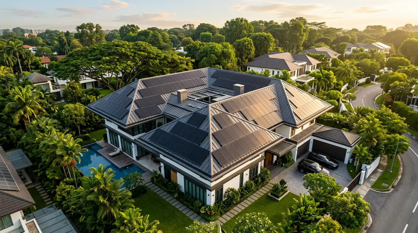 Singapore home with SunMax-optimised AIKO ABC solar system showing complete installation