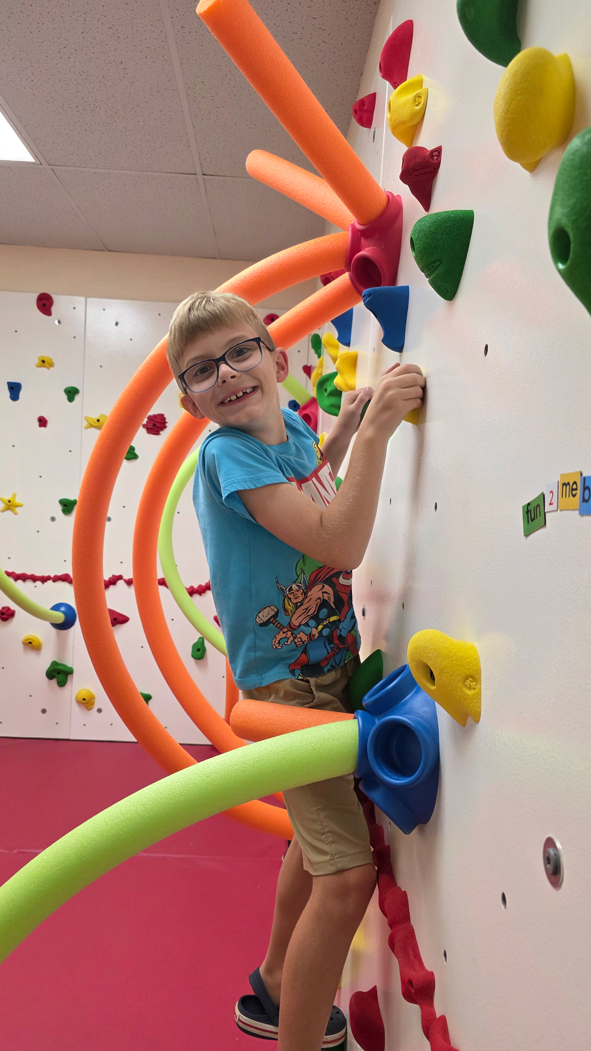 Indoor children's play area with climbing equipment, soft mats, colorful foam shapes, a purple exercise ball, and hanging swings, including plush toy monkeys.