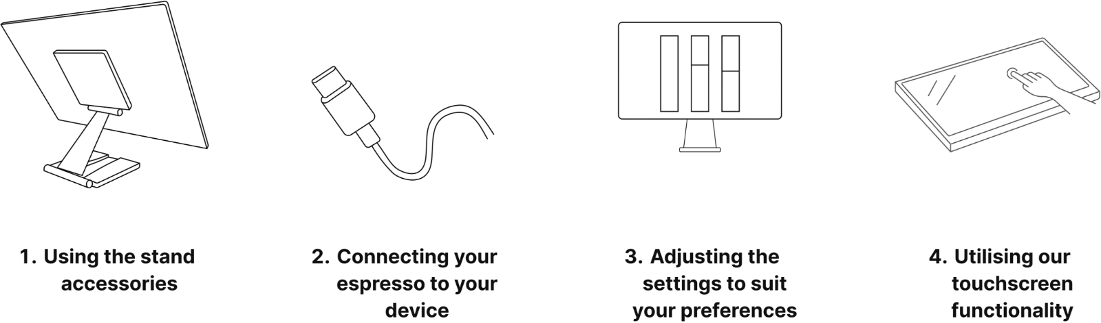 4 icons illustrating the 4 steps to get setup, which are: 1. using the stand accessories, 2. connecting your espresso to your device, 3. Adjust the settings to suit your preferences, and 3. Utilising our touchscreen functionality.