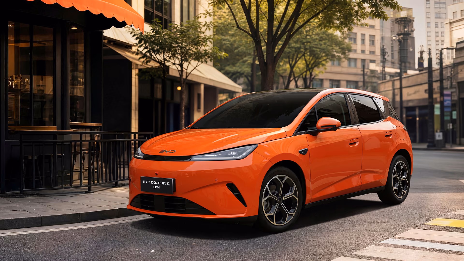 BYD DOLPHIN, Seitenansicht Beifahrer vor bunter Wand