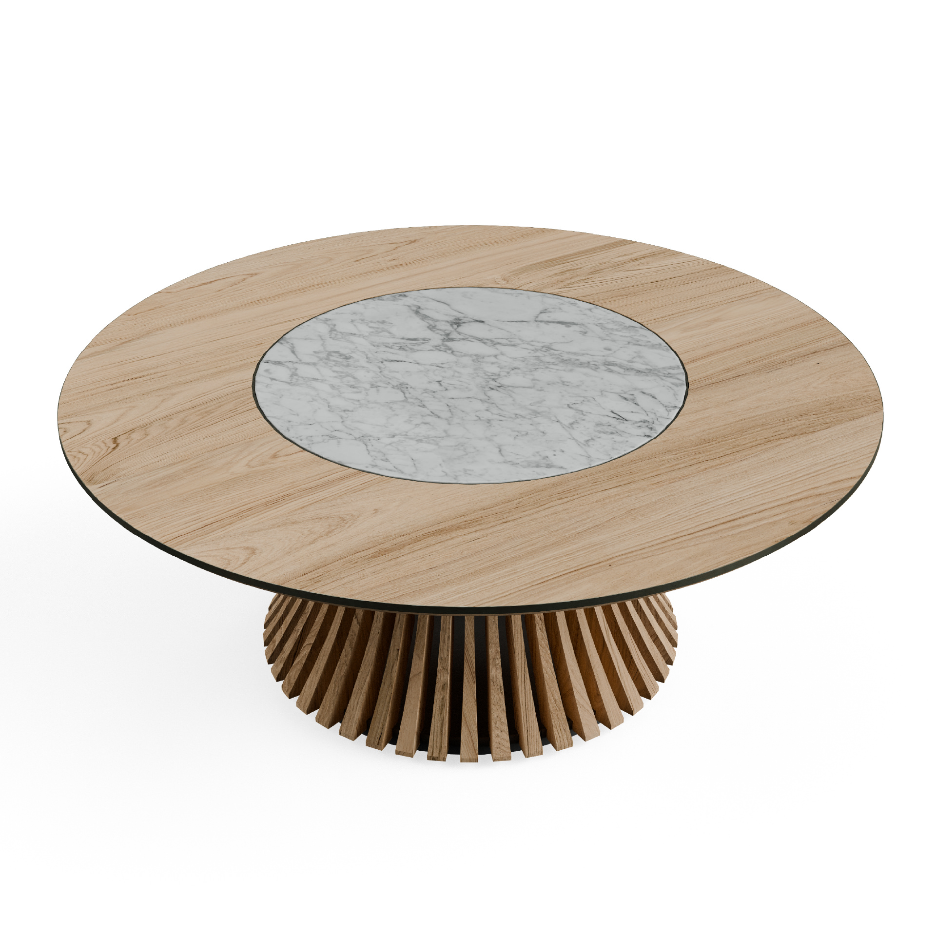 Overhead angled view of Limn Ragusa round table with white marble center inlay