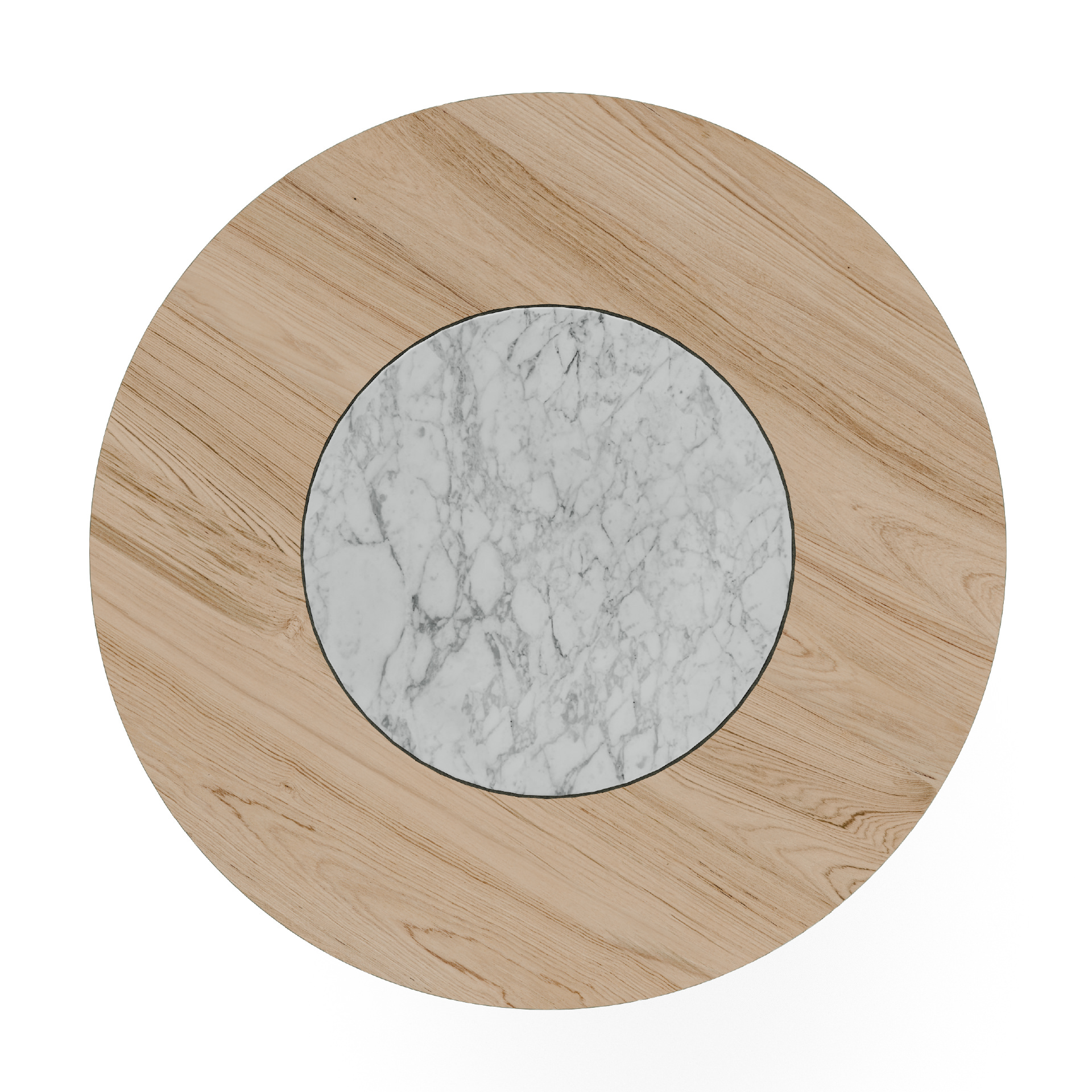 Top view of Limn Ragusa round table with white marble inlay in wood top