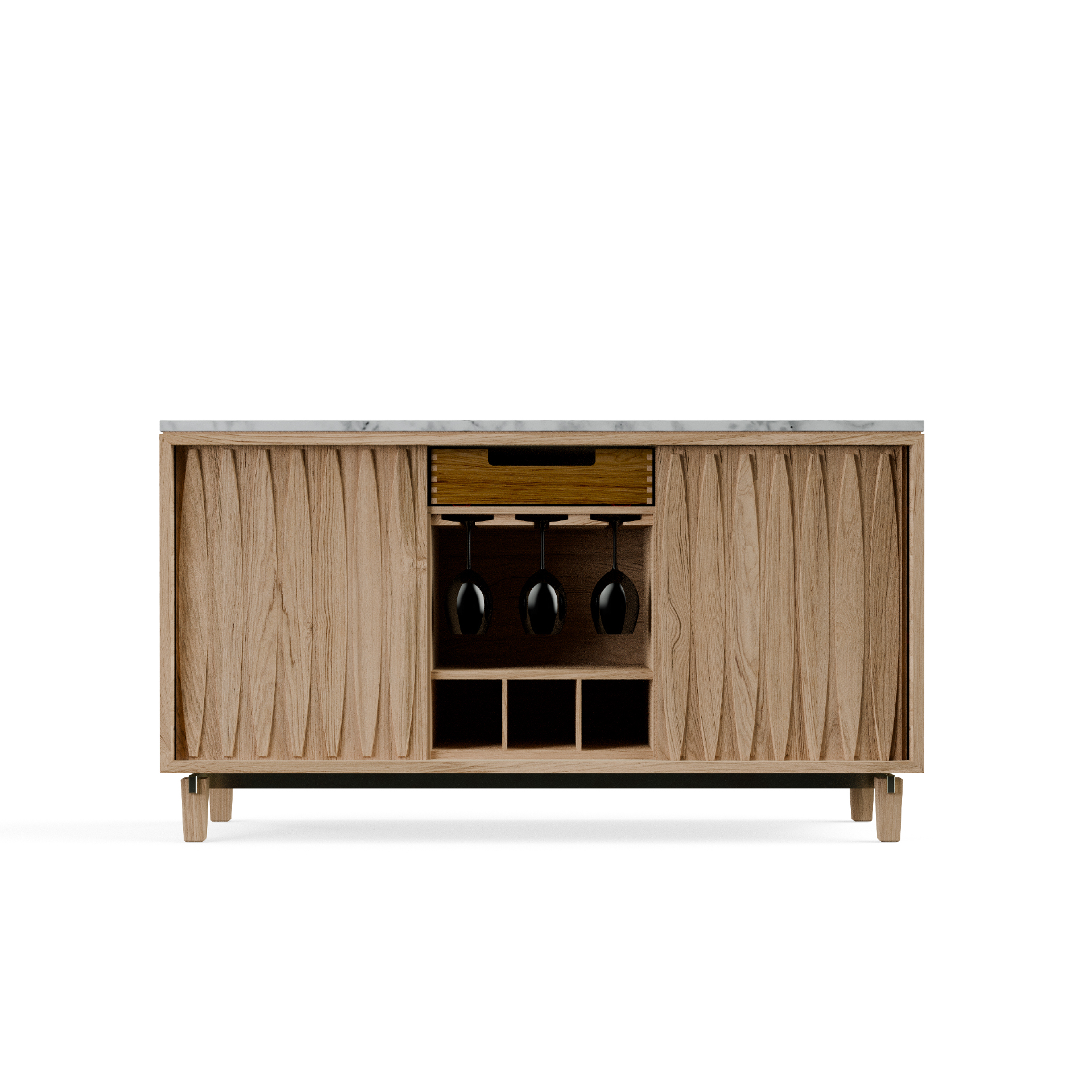 Front view of Limn Ragusa credenza open showing bar storage