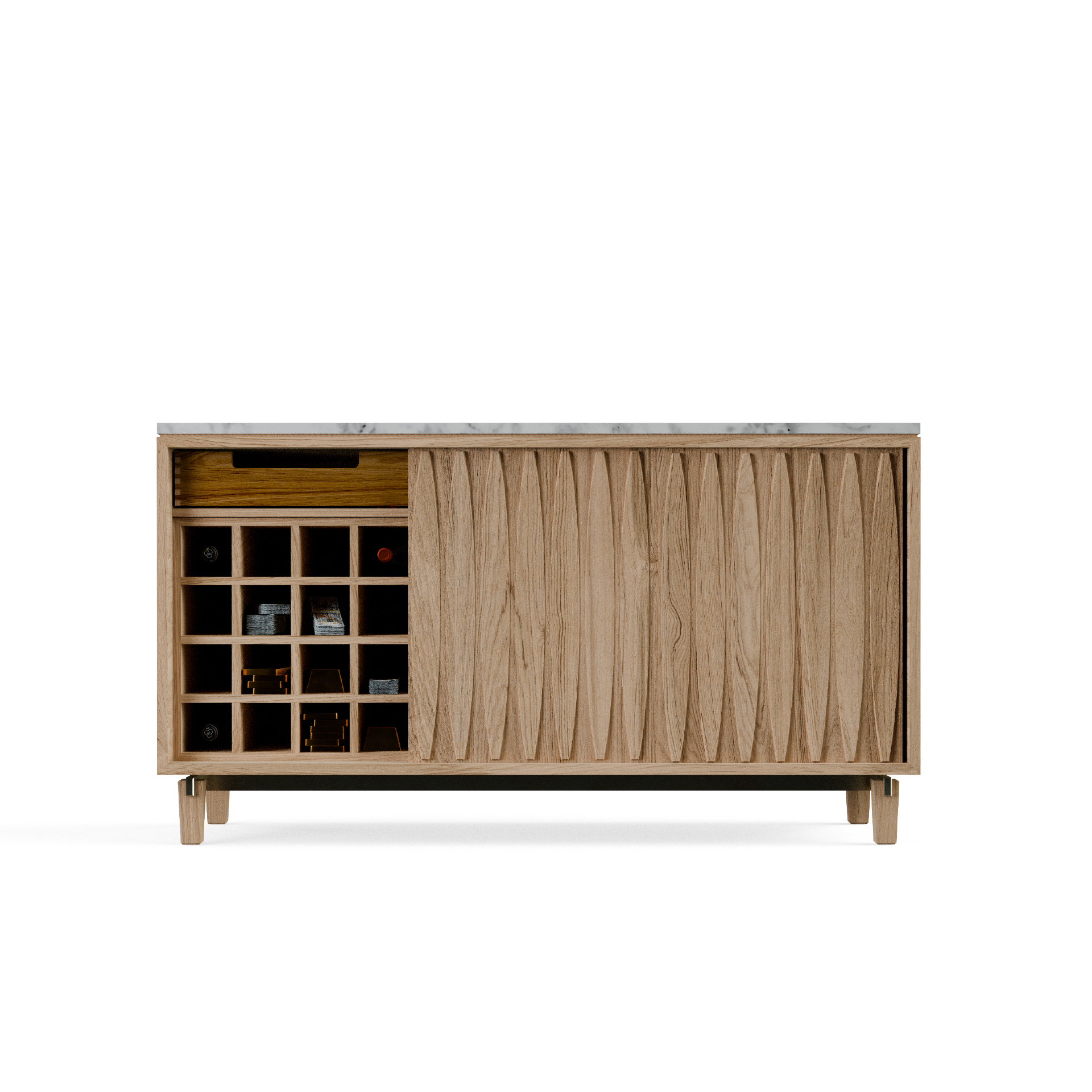 Front view of Limn Ragusa credenza open showing wine rack storage