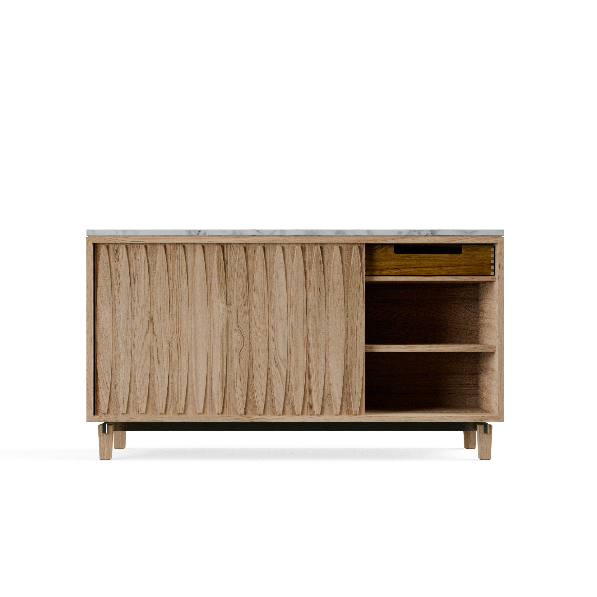 Front view of Limn Ragusa credenza open showing adjustable shelving