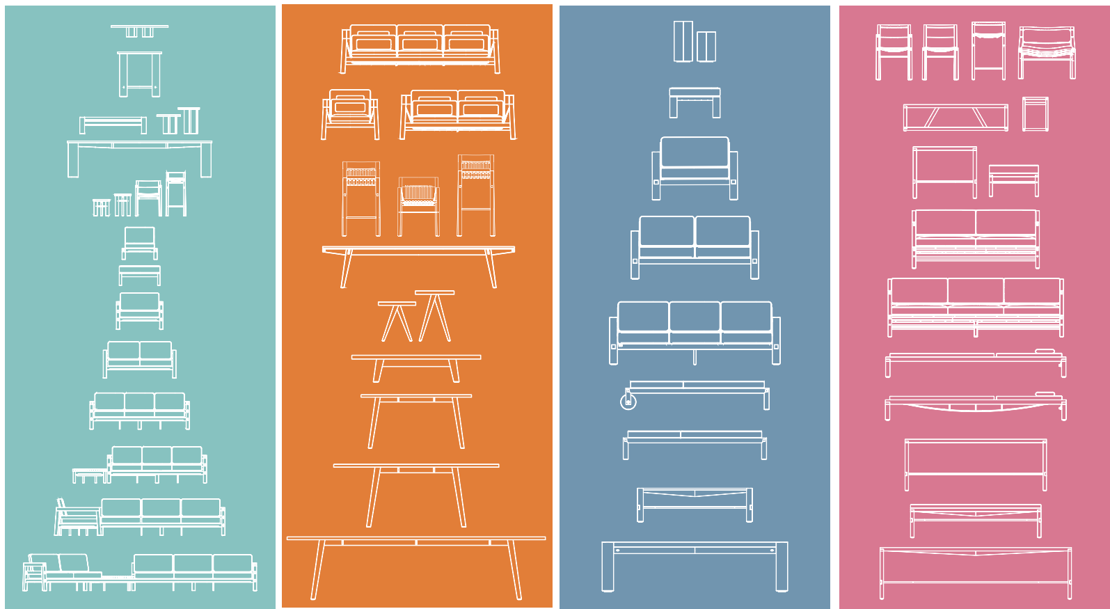 Four Limn furniture collection diagrams on colored backgrounds