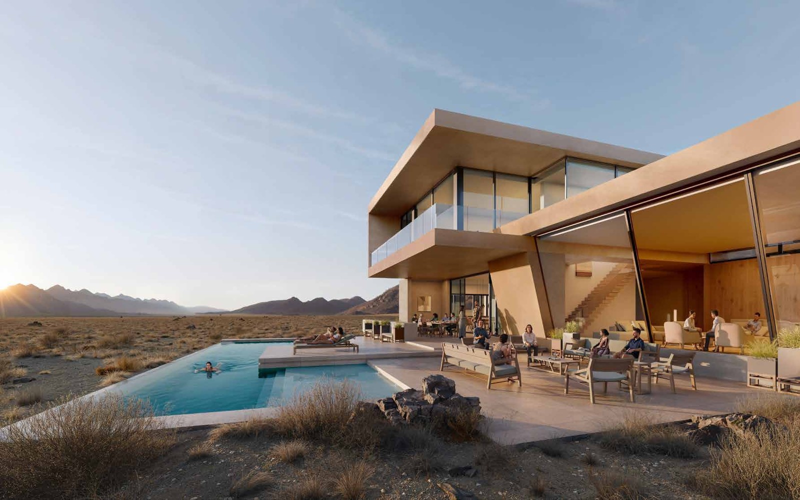 Modern architecture beside a desert swimming pool