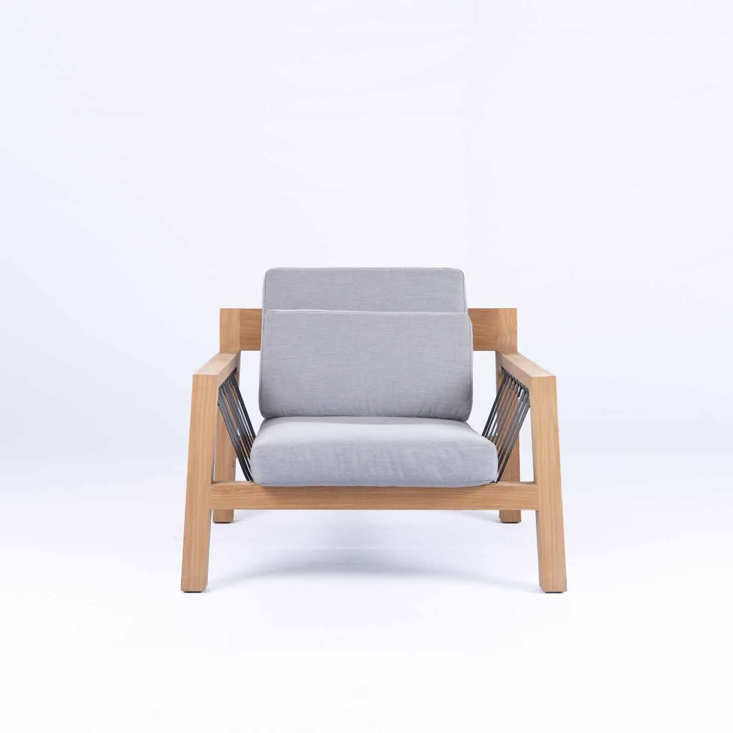 Wood framed lounge chair with gray cushions