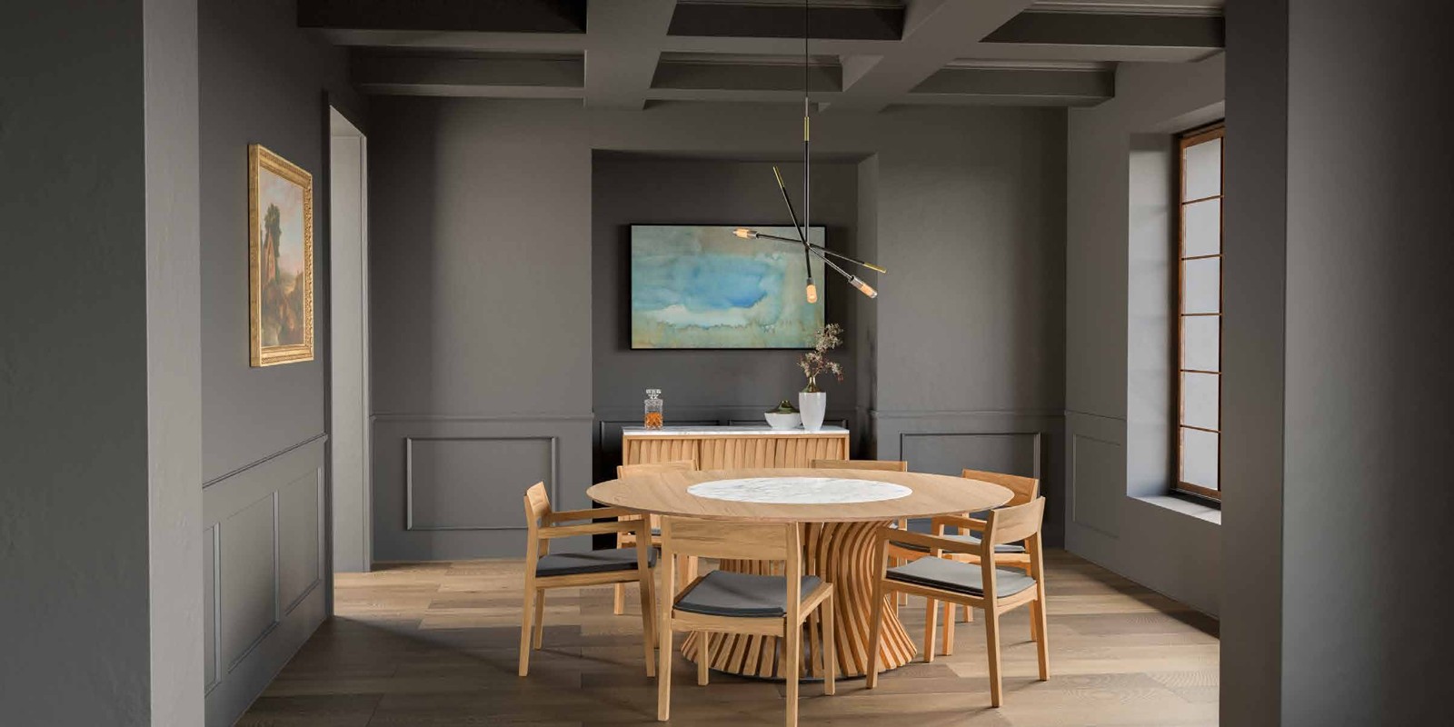 Ragusa dining table, Ukiah chairs and pendant lighting in a dining room