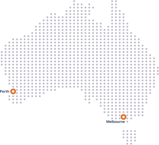 Map of Australia with Perth and Melbourne cities highlighted by a dot