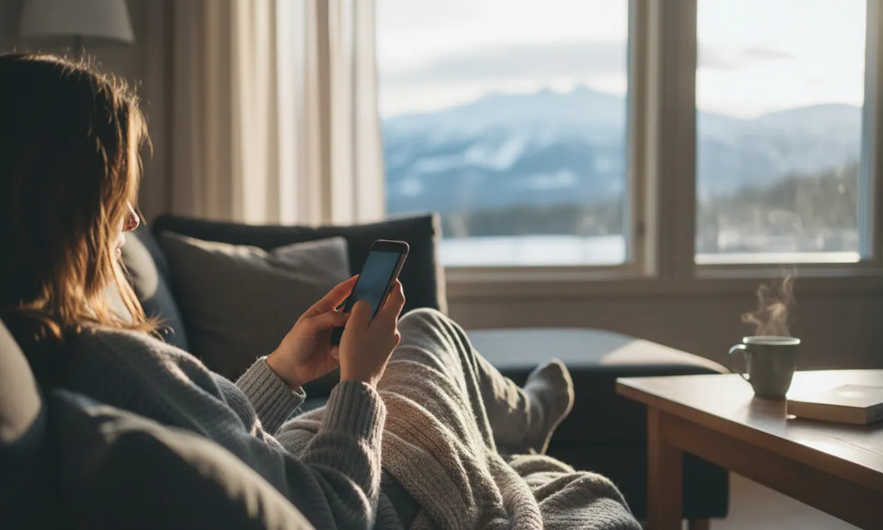 Person som slapper av på en sofa, pakket inn i et teppe og bruker en mobiltelefon med et varmt drikke på bordet i forgrunnen.