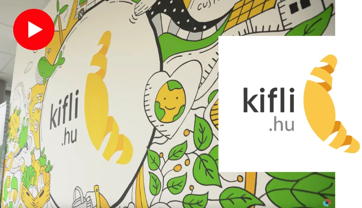 Video thumbnail: colorful illustrated mural at Kifli.hu with the Kifli.hu logo and a play button overlay