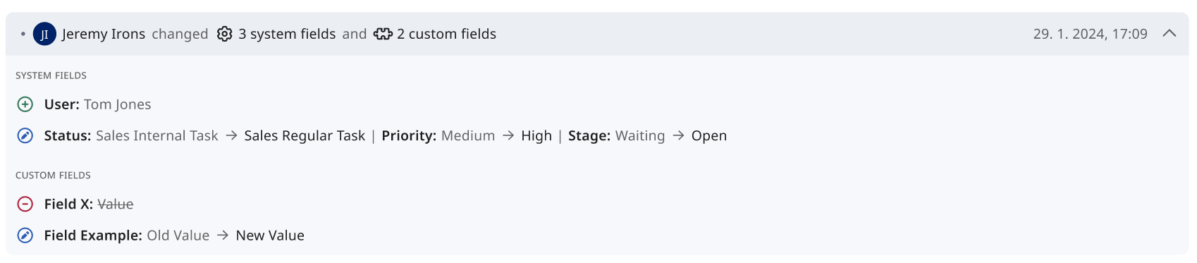 Rebuilt ticket history showing field changes