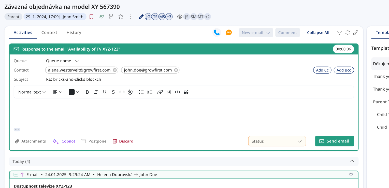 Email composition within the ticket detail