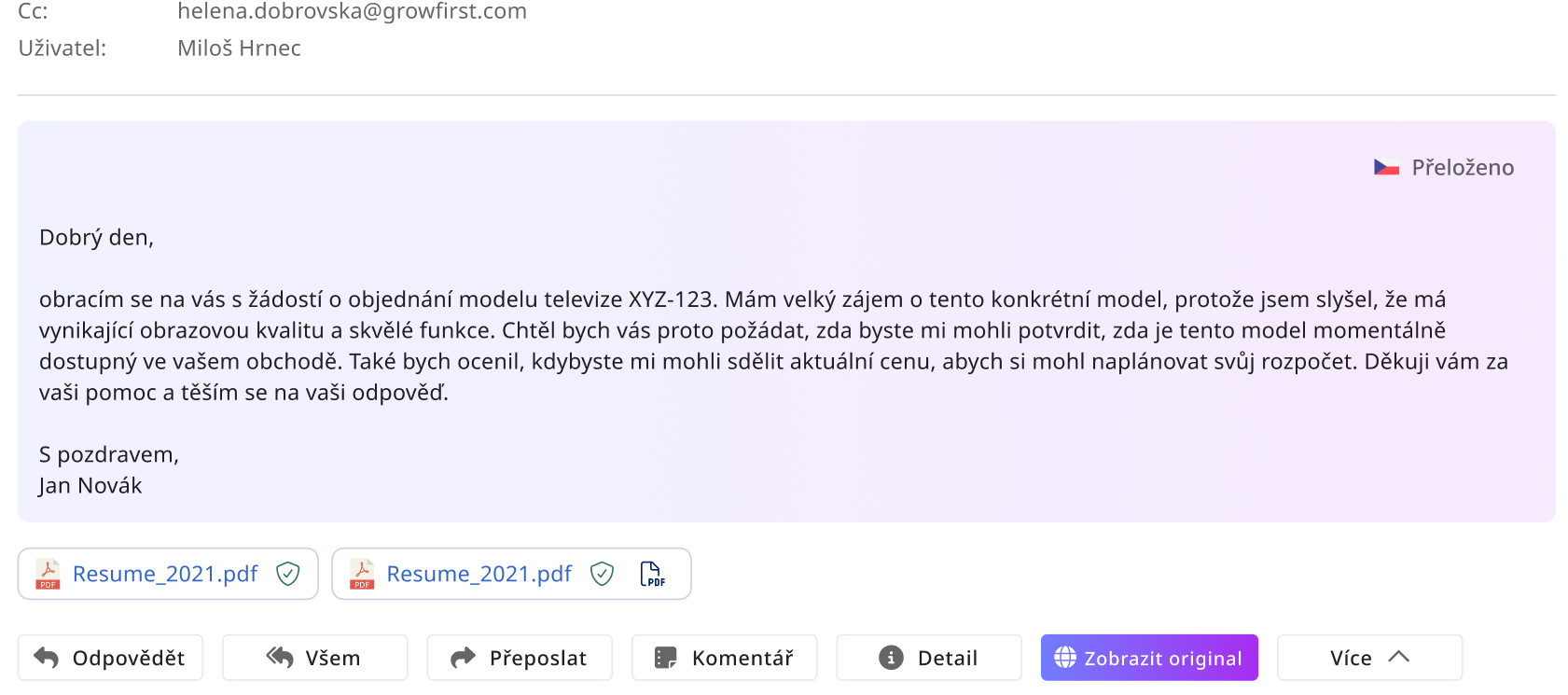 Email translation with one-click translate button