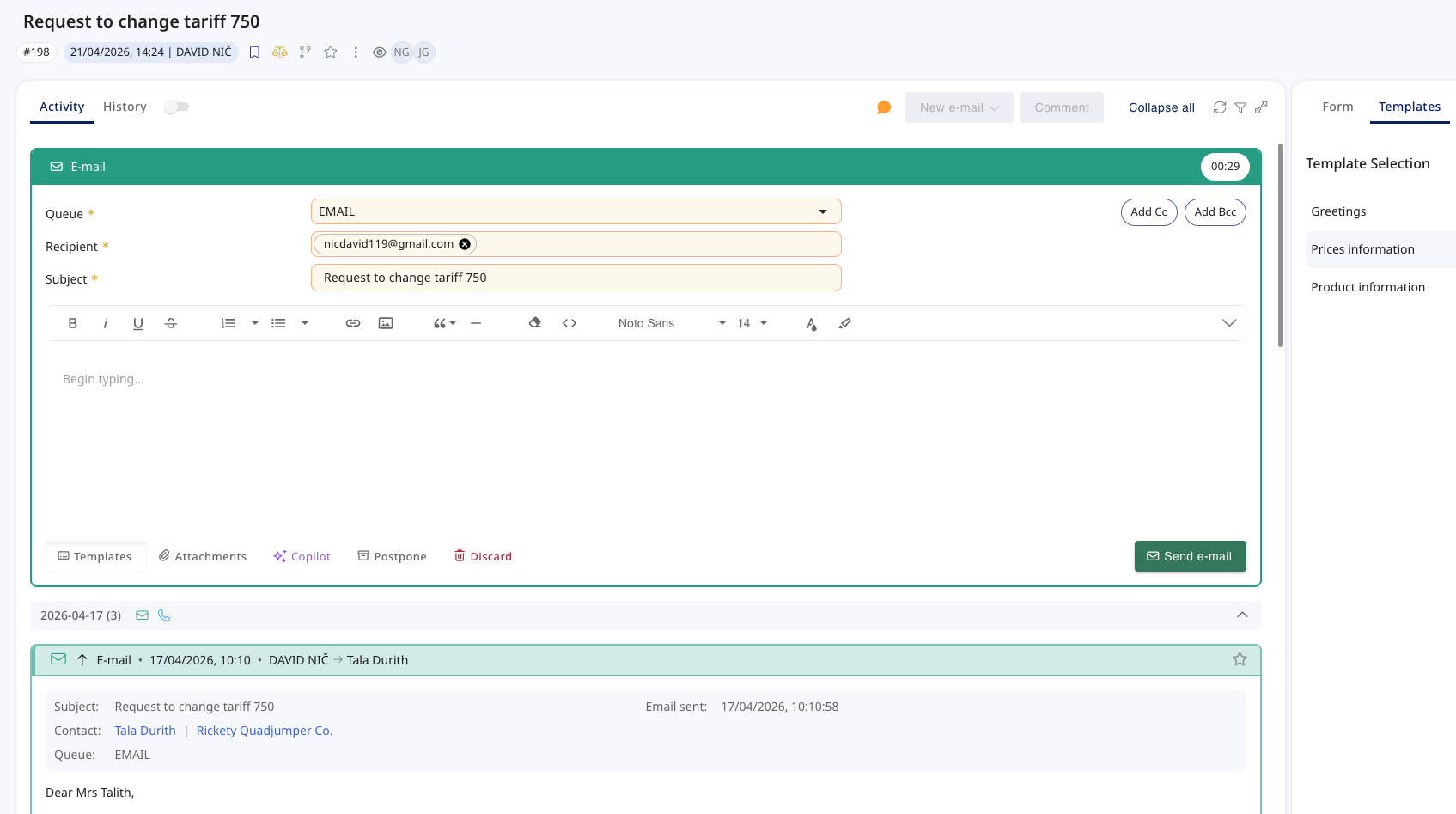 Email composition within the ticket detail