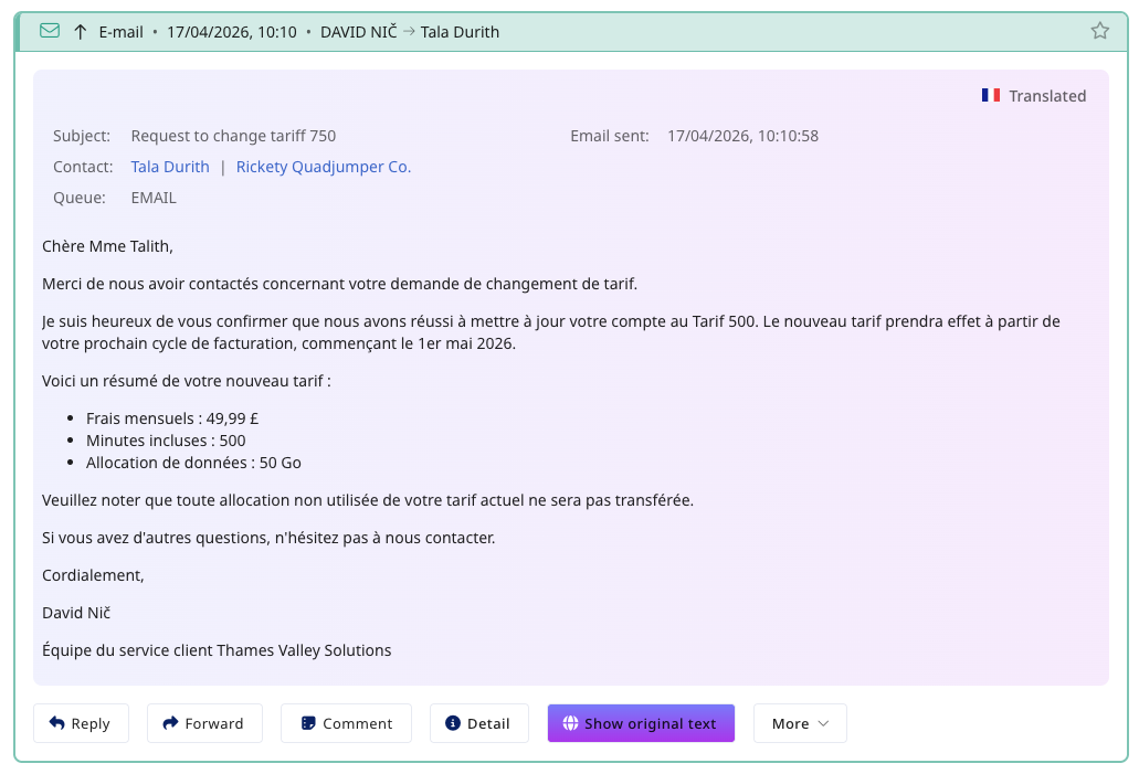 Email translation with one-click translate button