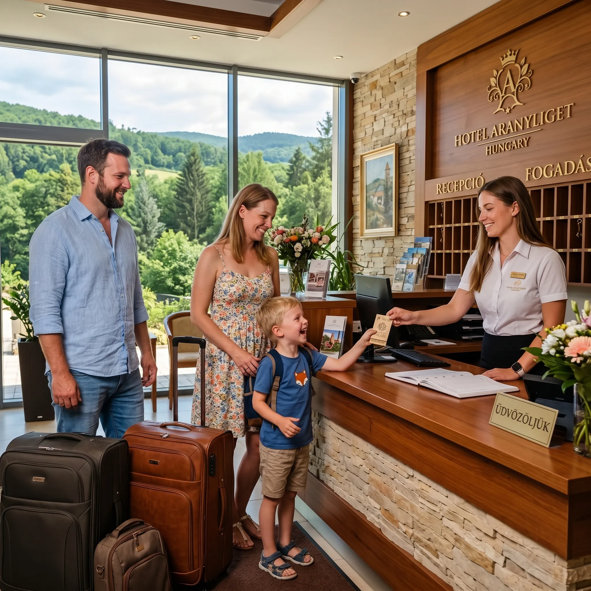 Family checking in at a hotel reception desk