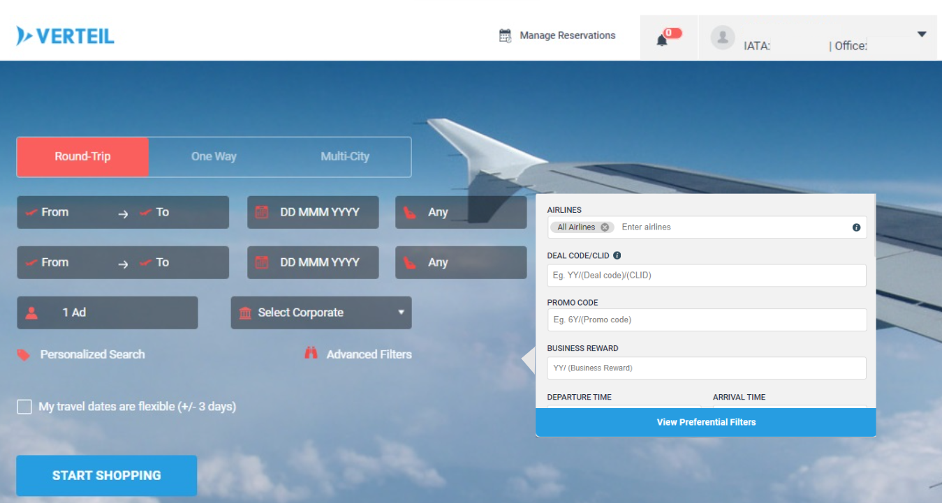 User interface of Verteil Direct Connect, NDC distribution platform