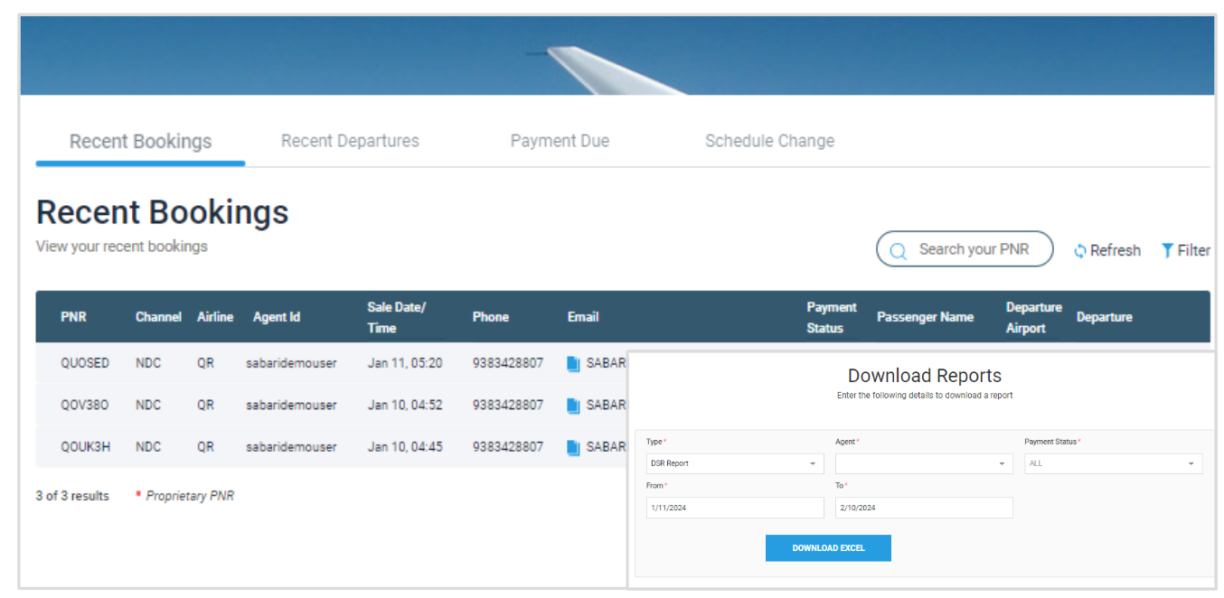 User interface of Verteil Direct Connect, NDC distribution platform