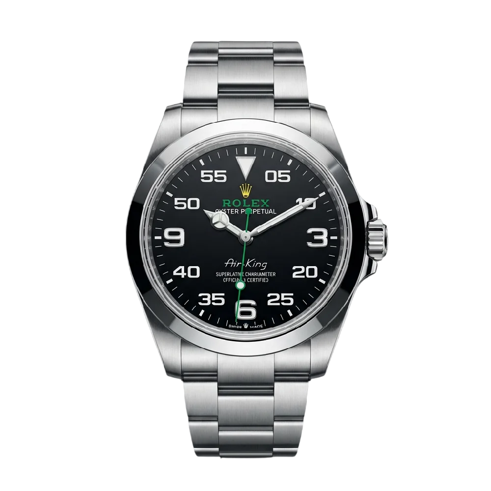 Close-up van een Rolex Air-King horloge met zilveren wijzerplaat en metalen band