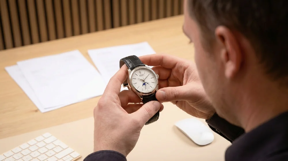 Horlogemaker inspecteert de Rolex Cellini met vergrootglas