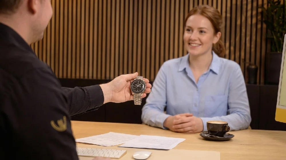 Vrouw met laptop vult online formulier in voor Omega Speedmaster