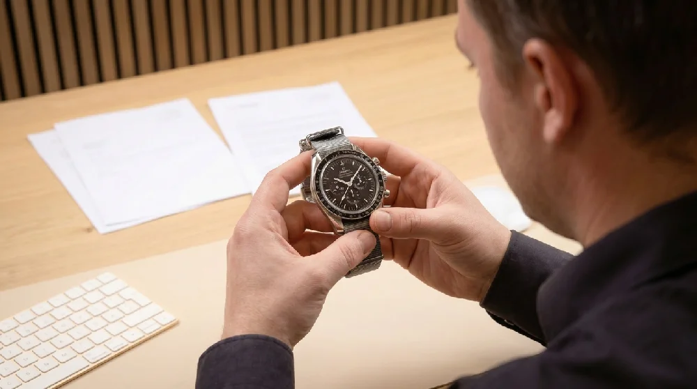Man overhandigt Omega Speedmaster aan taxateur