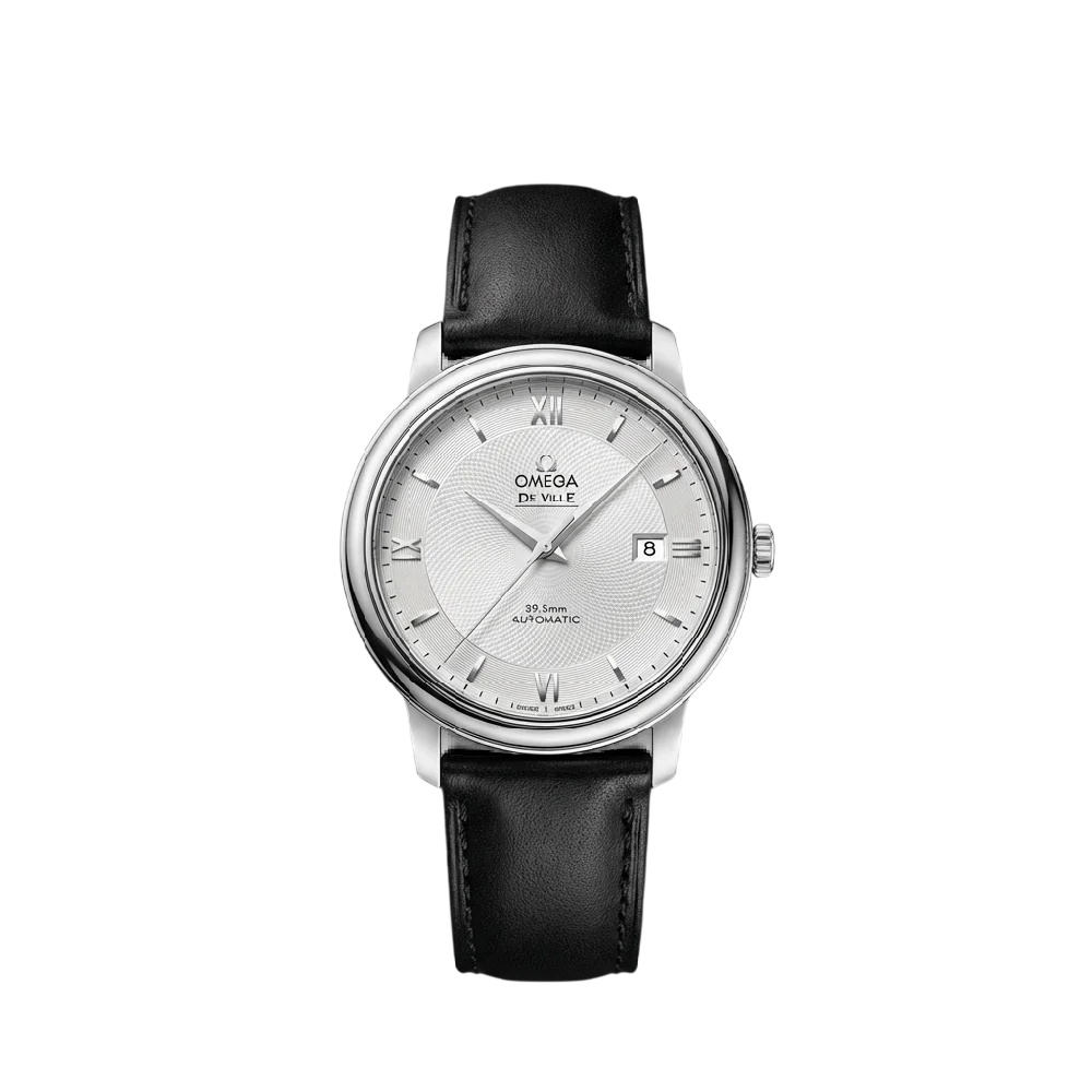 Close-up van een klassieke Omega De Ville horloge met leren band