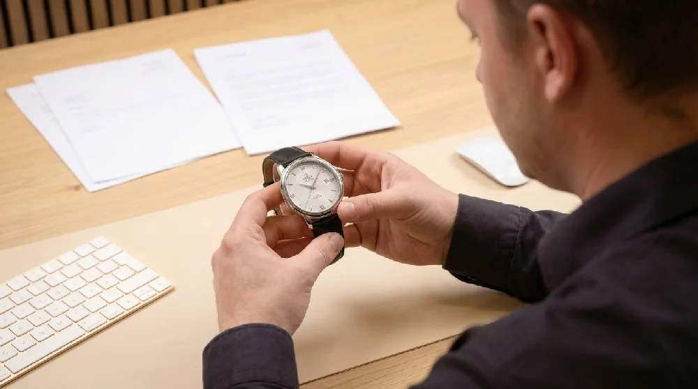 Horloge-expert inspecteert Omega De Ville tijdens een afspraak