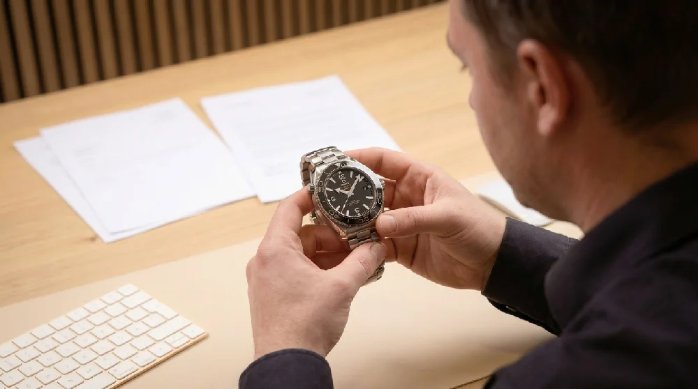 Expert van Vandaagverpanden.nl taxeren een Omega Seamaster onder een vergrootglas.