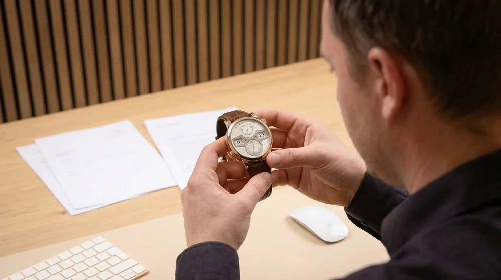 Deskundige taxeert A. Lange & Söhne horloge met vergrootglas