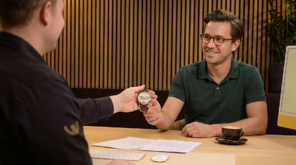 Vrouw vult online formulier in voor verpanding A. Lange & Söhne horloge
