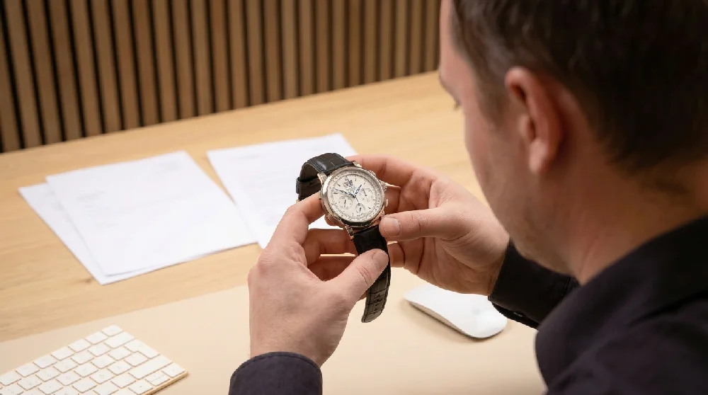 Een gespecialiseerde horlogemaker die een A. Lange & Söhne Datograph inspecteert