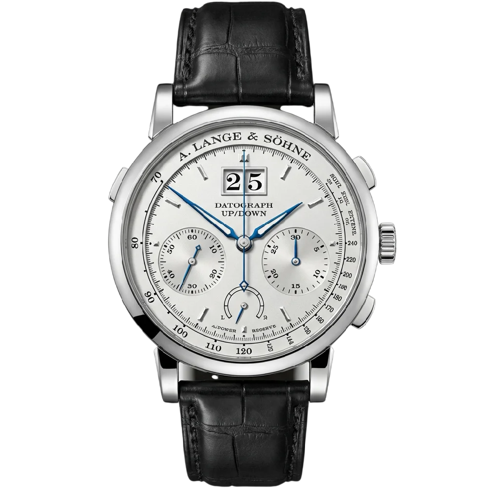 A. Lange & Söhne Datograph horloge van witgoud, gezien vanuit lichte hoek
