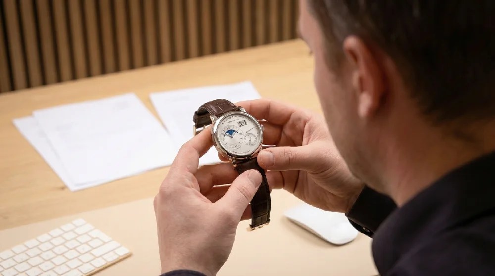 Horlogemaker taxeert een luxe A. Lange & Söhne Lange 1 aan een tafel.